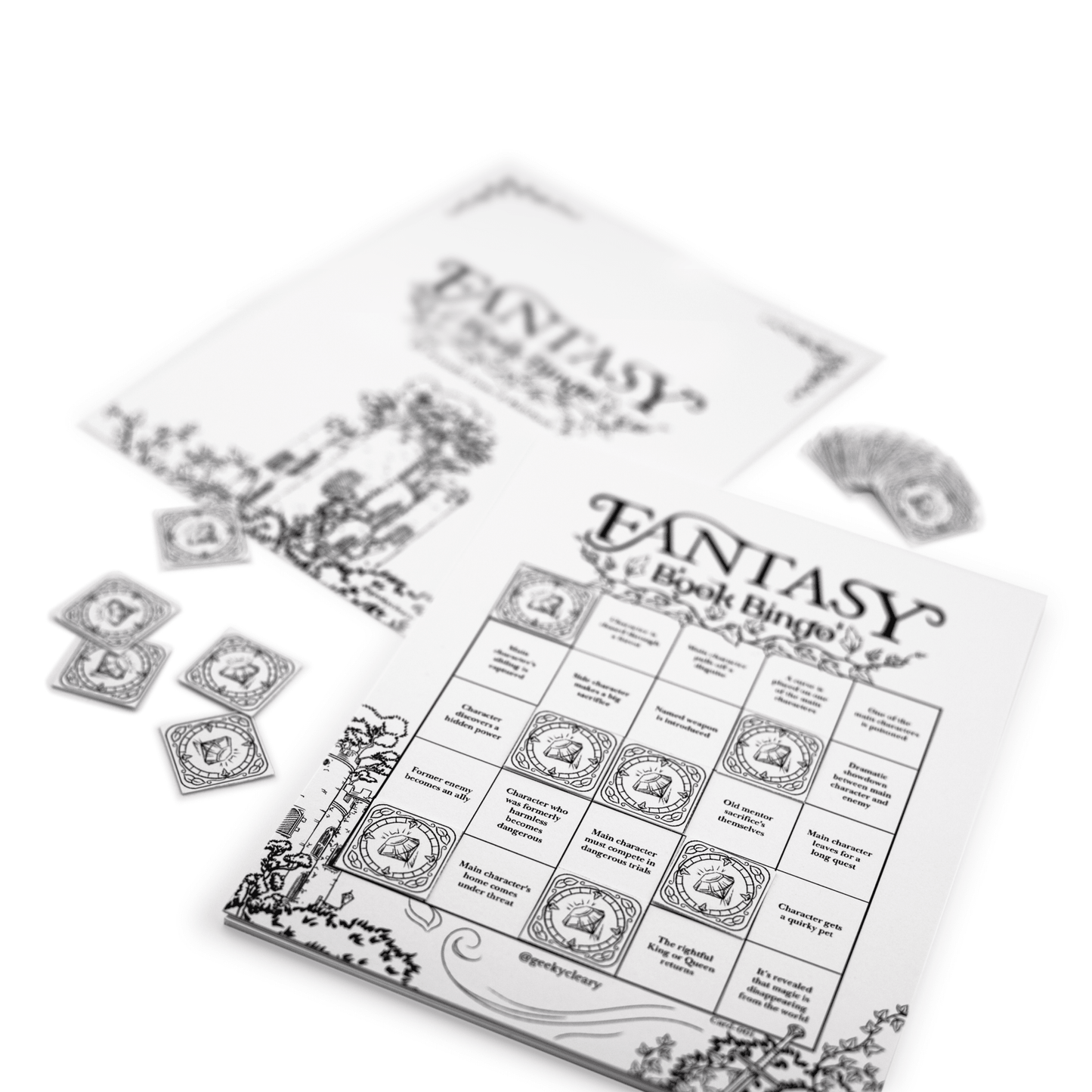 Fantasy Book Bingo Game digital download for readers viewed with game pieces at a front angle.