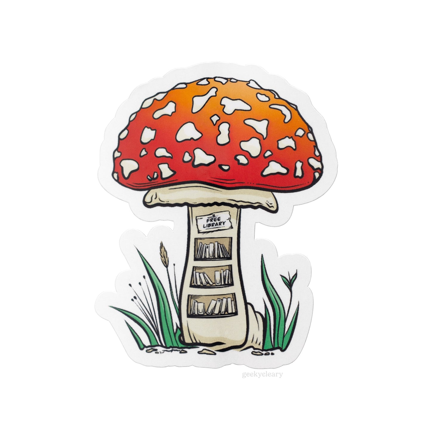 Fantasy sticker of a tiny, free library inside of a mushroom for readers viewed flat from above.