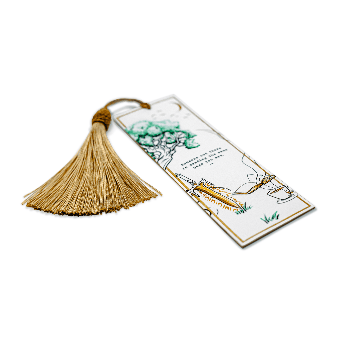 Fantasy Reading The Same Page Bookmark with tassel for readers viewed from a left angle.