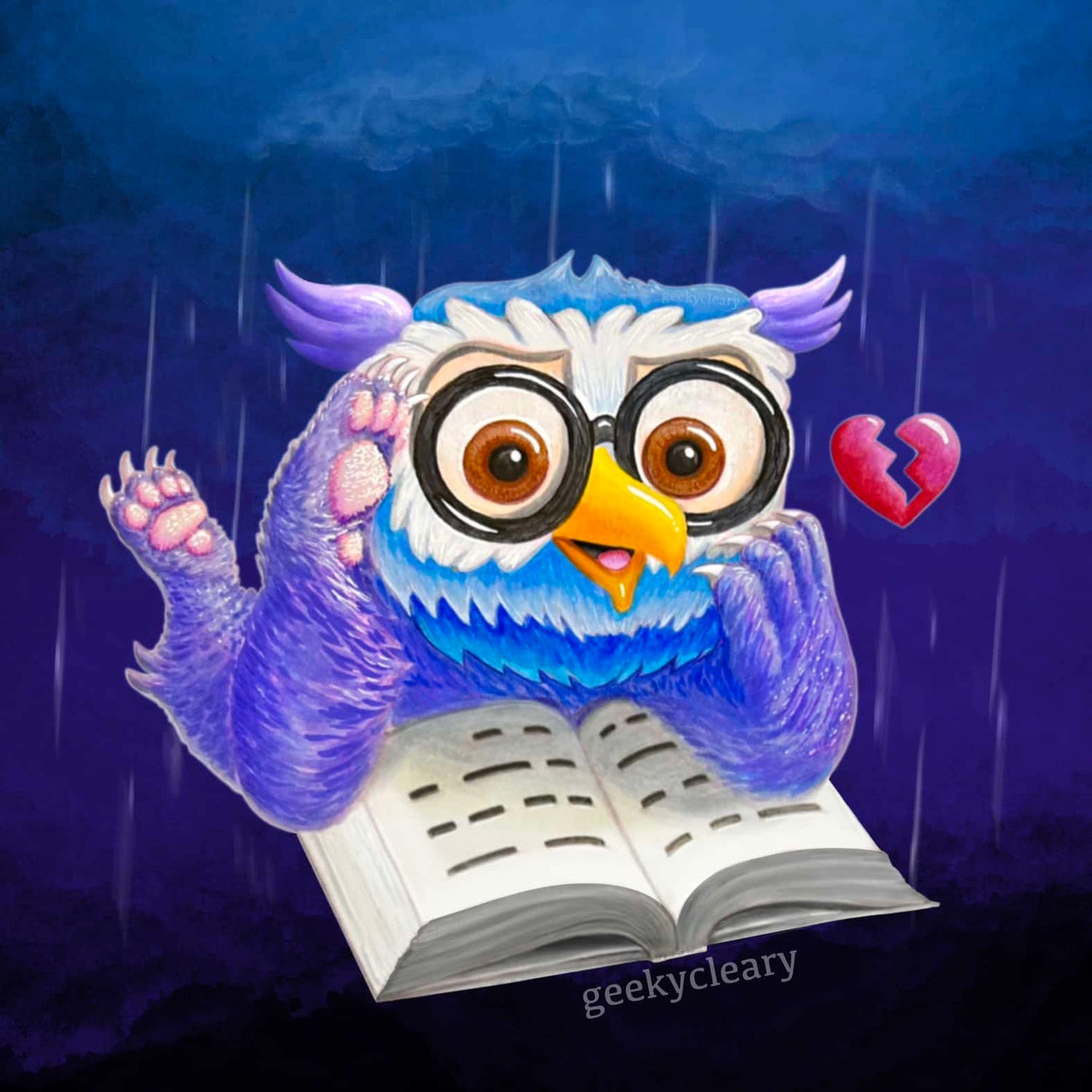 surprised owlbear heartbroken while reading a book in a rainy dark blue background.