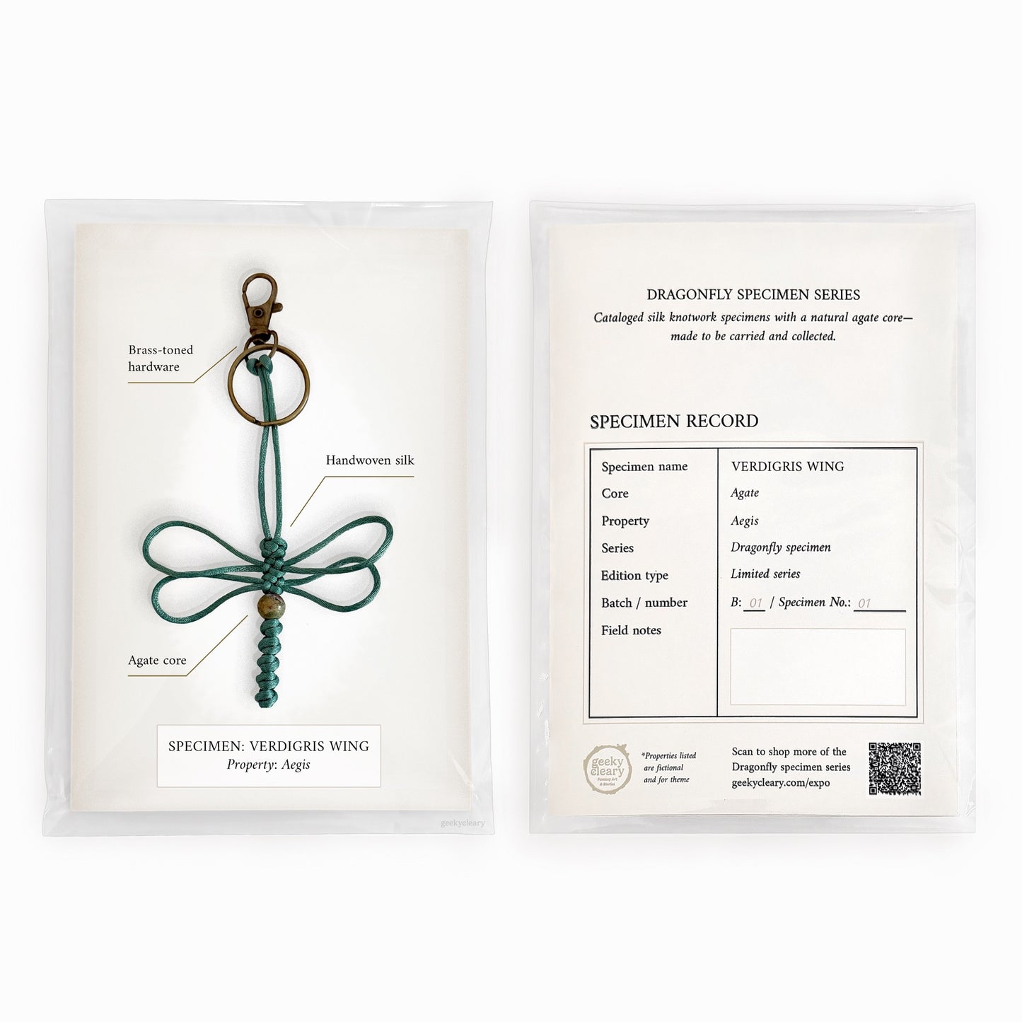 Verdigris wing dragonfly keychain handmade with teal silk cord in specimen series packaging.