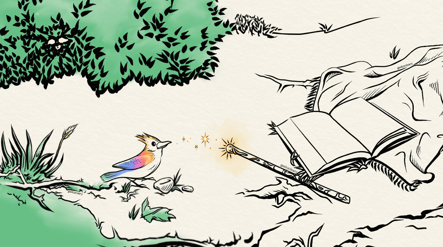 Fantasy forest illustration with a wizard’s wand lying on the ground for readers. The brightly-lit end pointing at a bird with rainbow of colors. On the right is a fluffy, rumpled blanket with a book on it left open. Hidden at the bottom of a leafy bush are two tiny yellow eyes, a nose and pointy ears. Grass, roots & rocks pushed aside sit around them. Art by geekycleary.