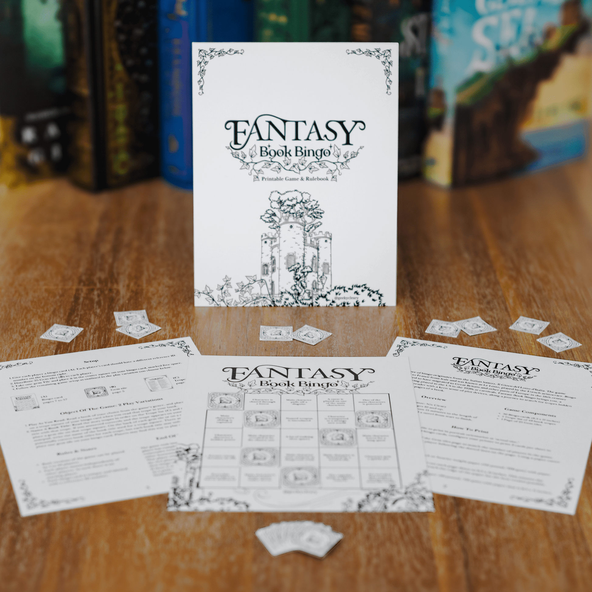 Fantasy Book Bingo Game digital download for readers full game viewed with game pieces from a front angle on a wooden table with books in the background.