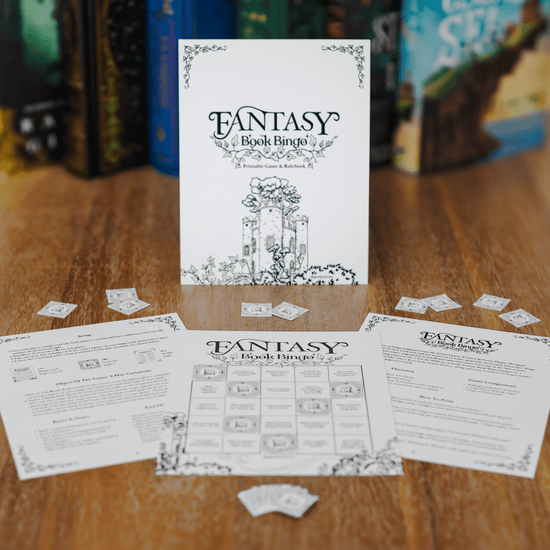 Fantasy Book Bingo Game digital download for readers full game viewed with game pieces from a front angle on a wooden table with books in the background.