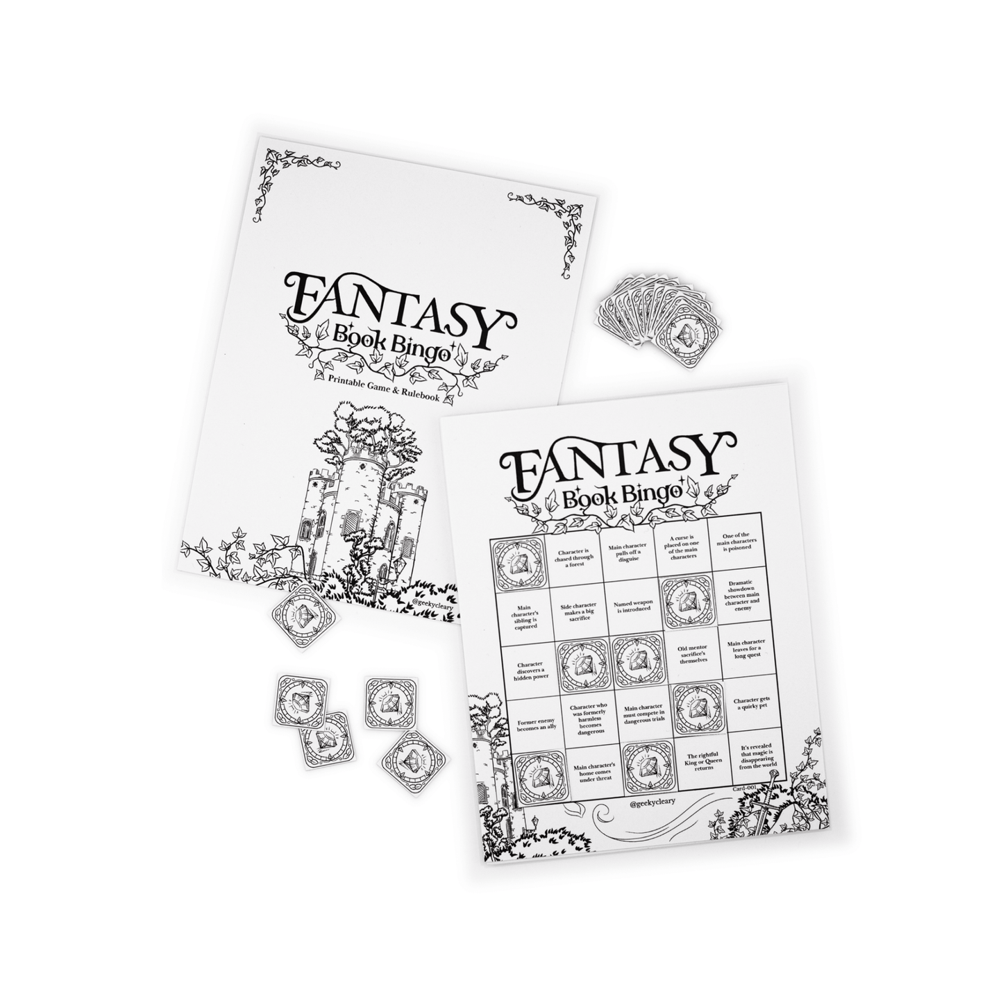 Fantasy Book Bingo Game digital download for readers viewed with game pieces viewed flat from above.