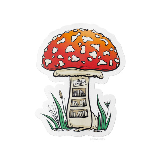 Fantasy sticker of a tiny, free library inside of a mushroom for readers viewed flat from above.