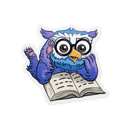 Fantasy owlbear shocked reading sticker for readers viewed flat from the front.