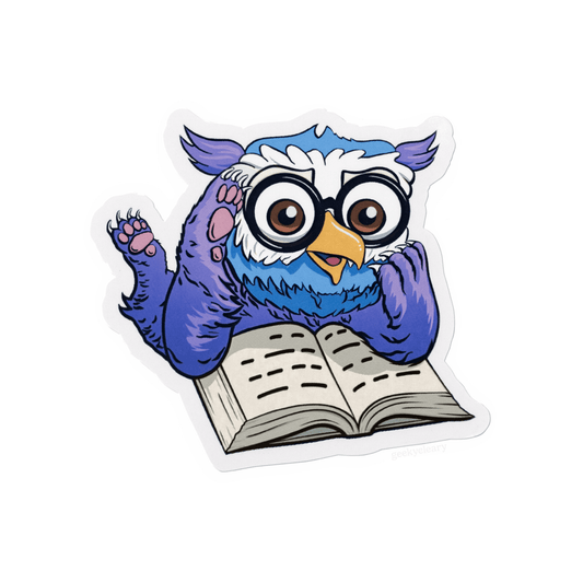 Fantasy owlbear shocked reading sticker for readers viewed flat from the front.
