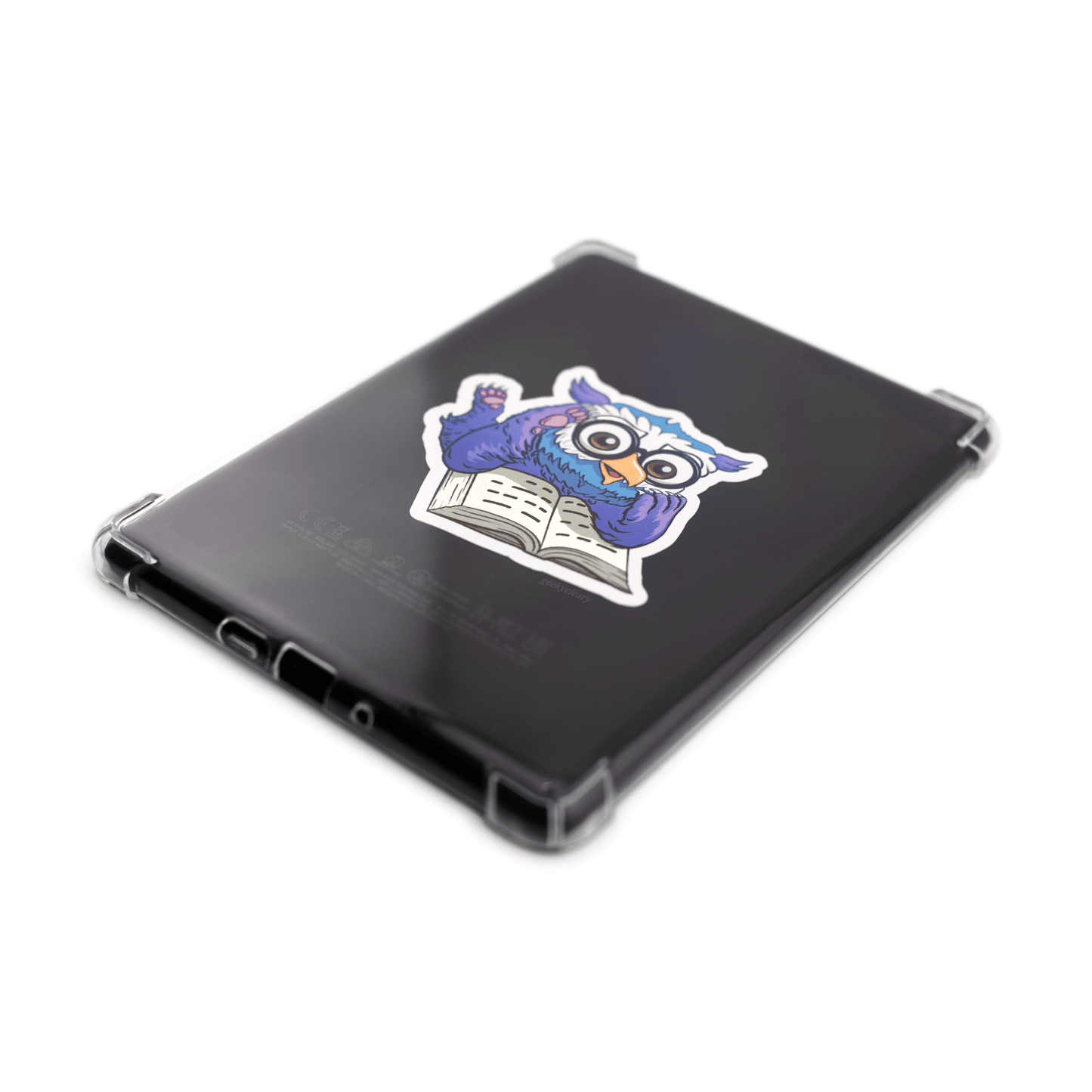 Fantasy owlbear shocked reading sticker for readers on a Kindle PaperWhite viewed from the right side on an angle.