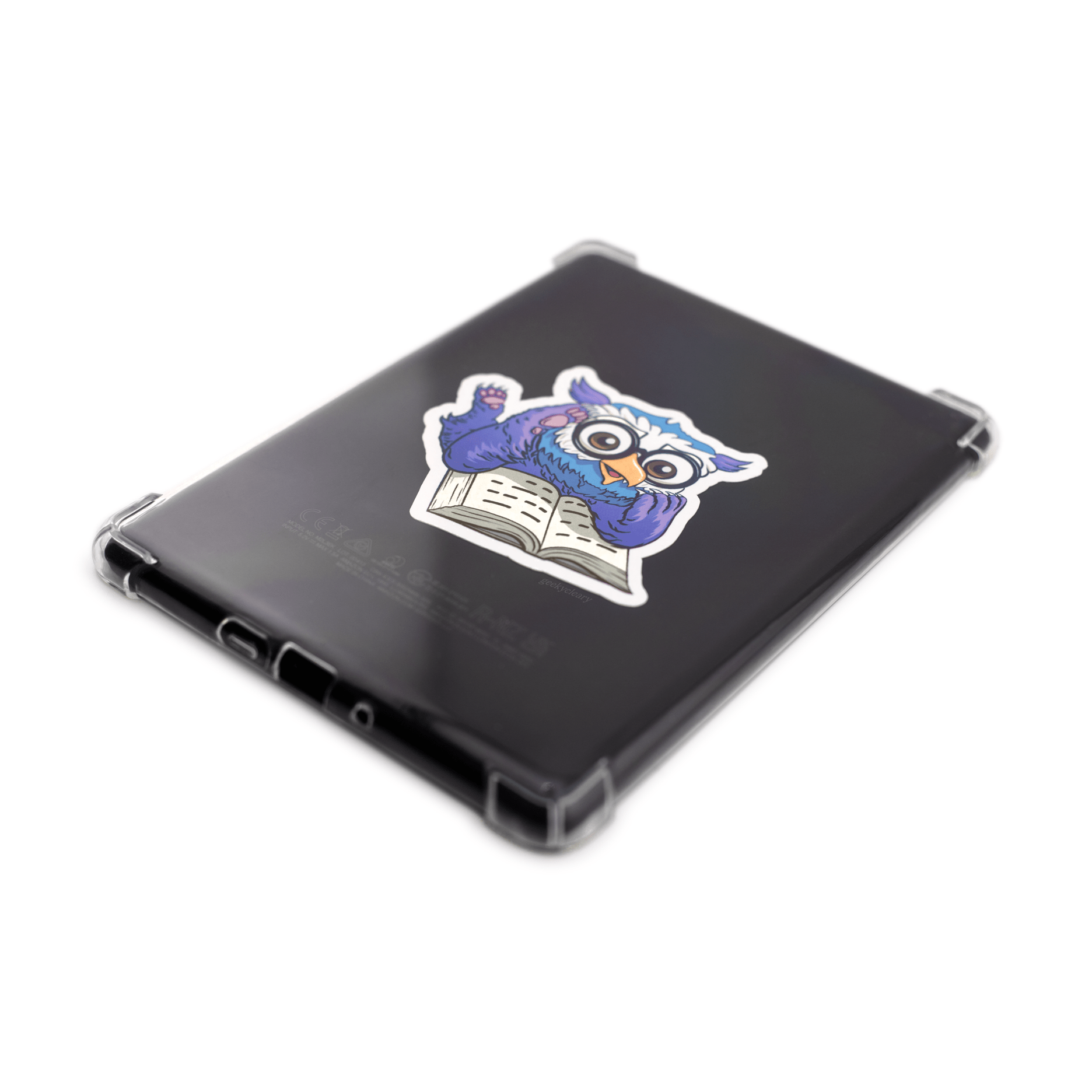 Fantasy owlbear shocked reading sticker for readers on a Kindle PaperWhite viewed from the right side on an angle.