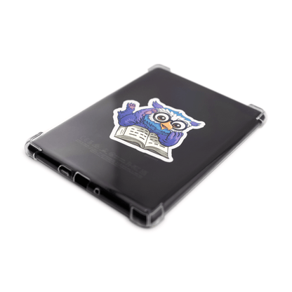 Fantasy owlbear shocked reading sticker for readers on a Kindle PaperWhite viewed from the right side on an angle.