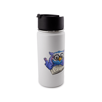 Fantasy owlbear shocked reading sticker for readers on a white water bottle viewed from a left side angle.