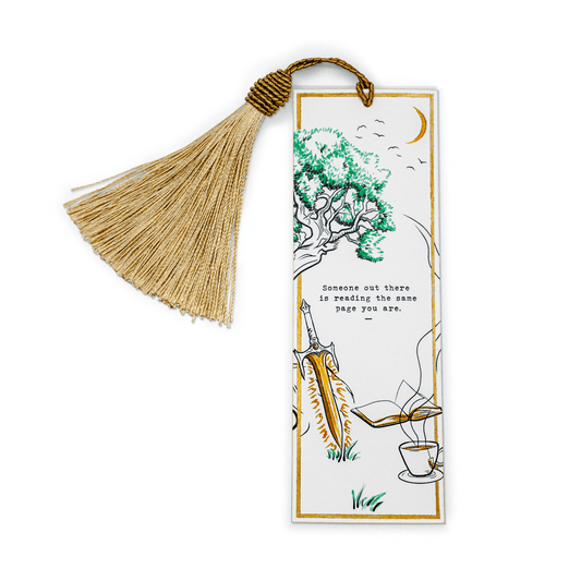 Fantasy Reading The Same Page Bookmark with tassel for readers viewed from above.