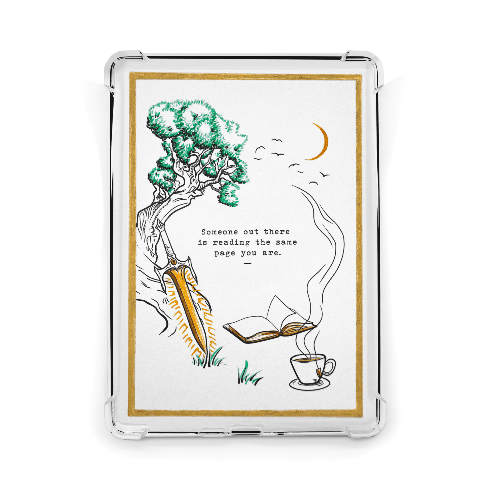 Fantasy Reading The Same Page Kindle case insert for readers full illustration inside case viewed flat from above.