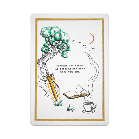 Fantasy Reading The Same Page Kindle case insert for readers full illustration viewed flat from above.