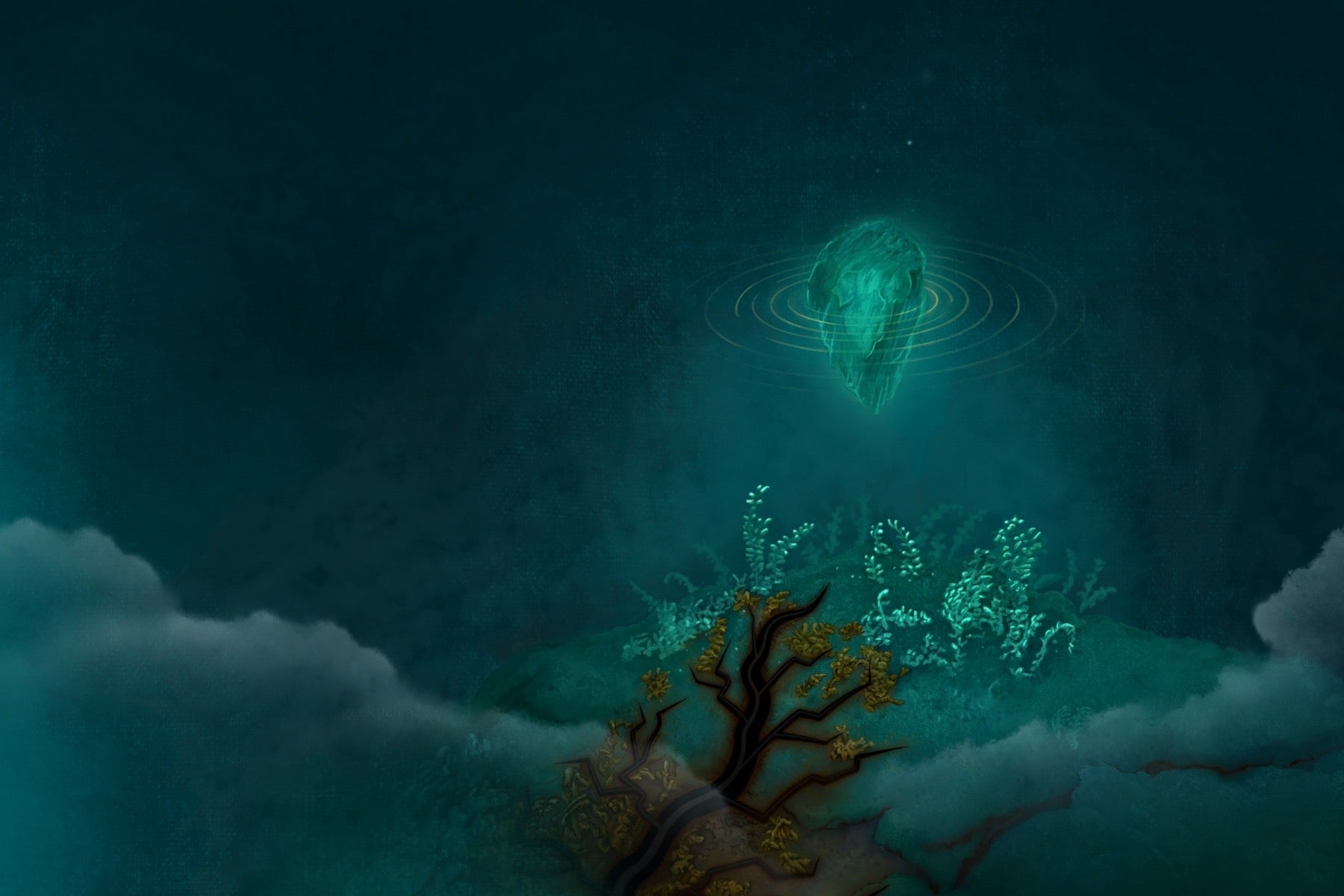 Glowing, floating crystalized magic above a mossy forest floor with a dark magic infects surrounding plant life.