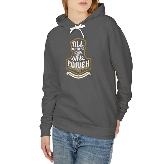 All Readers Have Power reader armor hoodie front in charcoal worn by an avid reader.