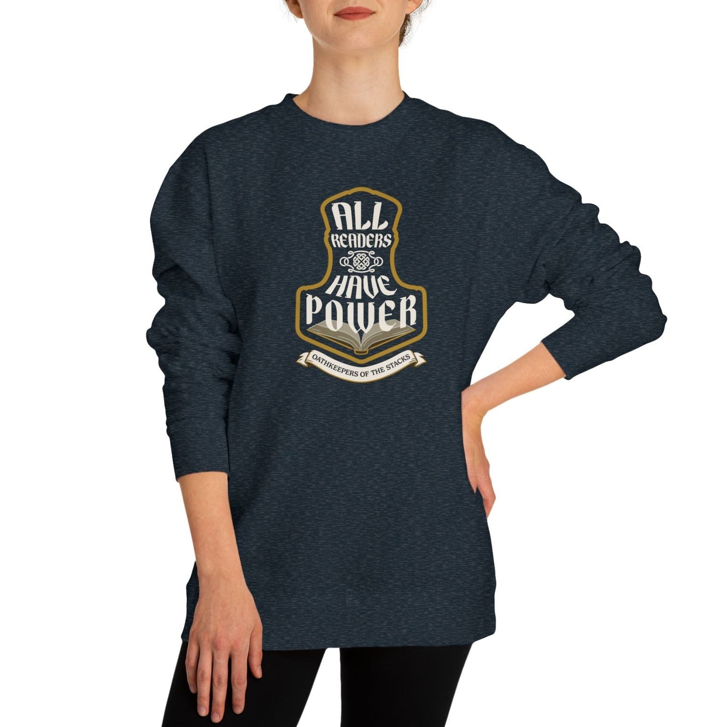 All Readers Have Power reader armor hoodie front in navy worn by an avid reader.