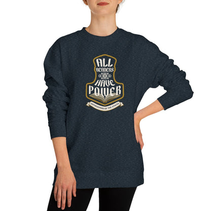 All Readers Have Power reader armor hoodie front in navy worn by an avid reader.