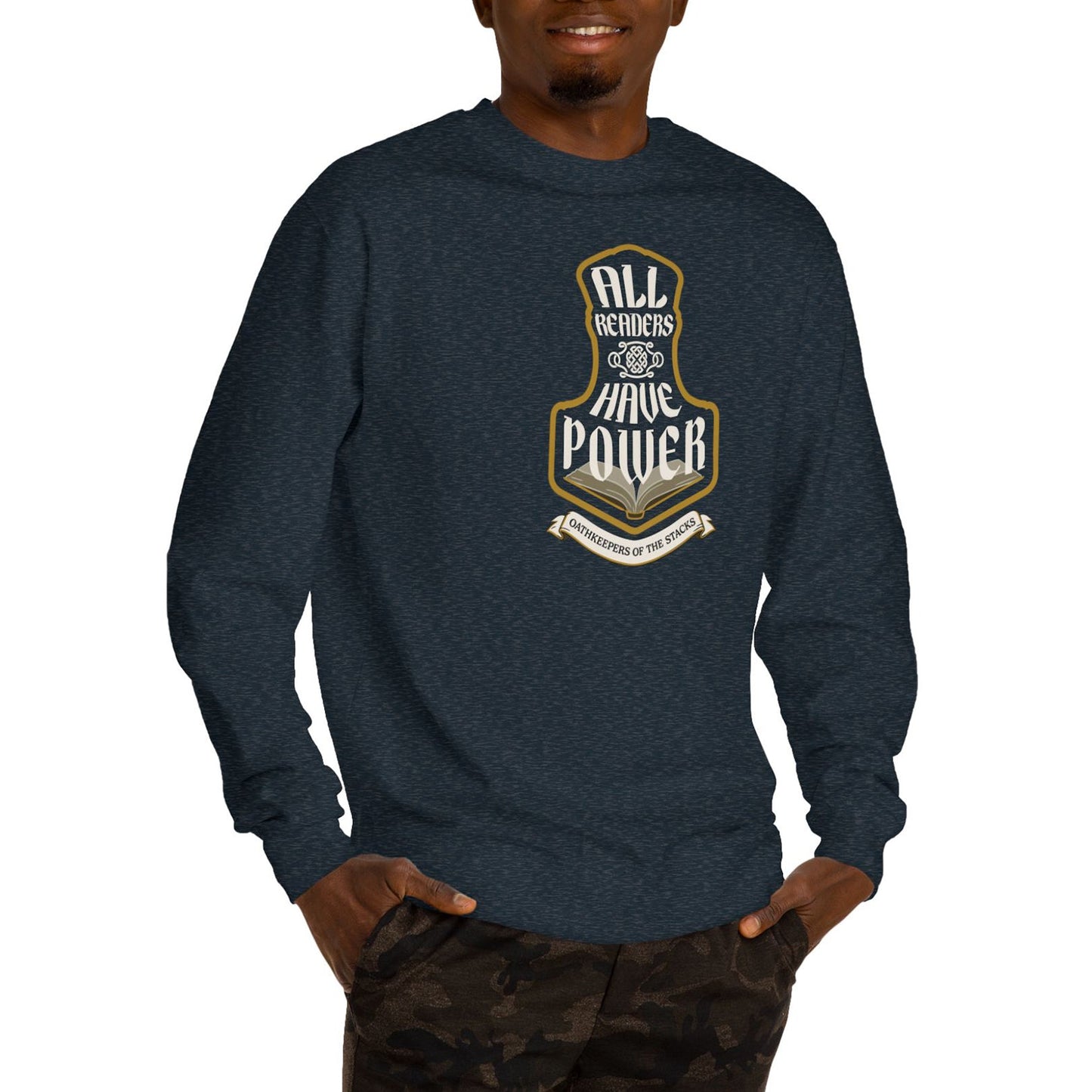 All Readers Have Power reader armor navy sweatshirt worn by a reader in camo.   