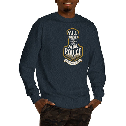 All Readers Have Power reader armor navy sweatshirt worn by a reader in camo.   