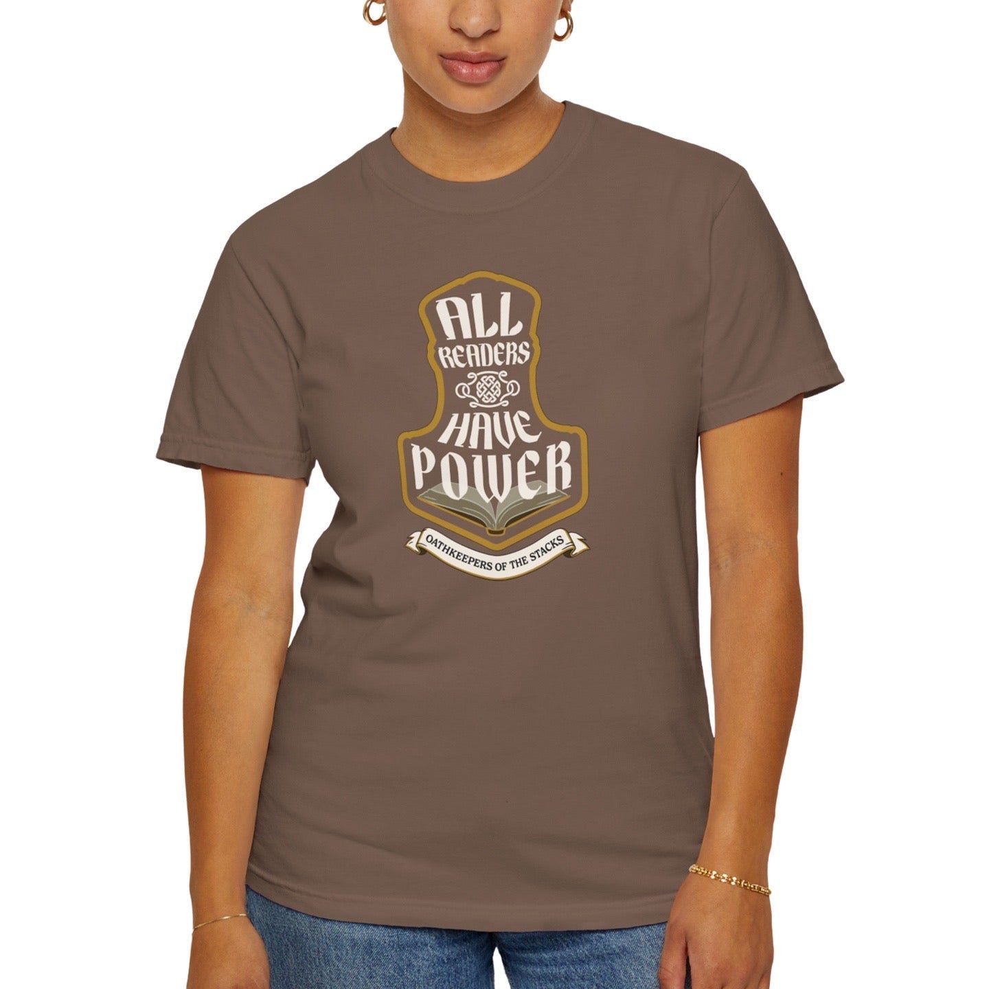 All Readers Have Power reader armor t-shirt front in espresso worn by a book lover.