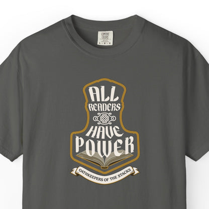 Pepper fantasy reader tee closeup with All Readers Have Power hammer emblem on the chest.