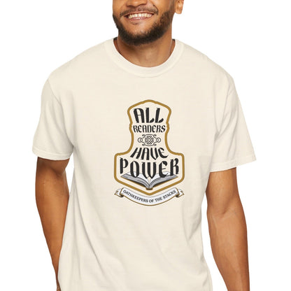 All Readers Have Power reader armor t-shirt front in ivory worn by a book lover.