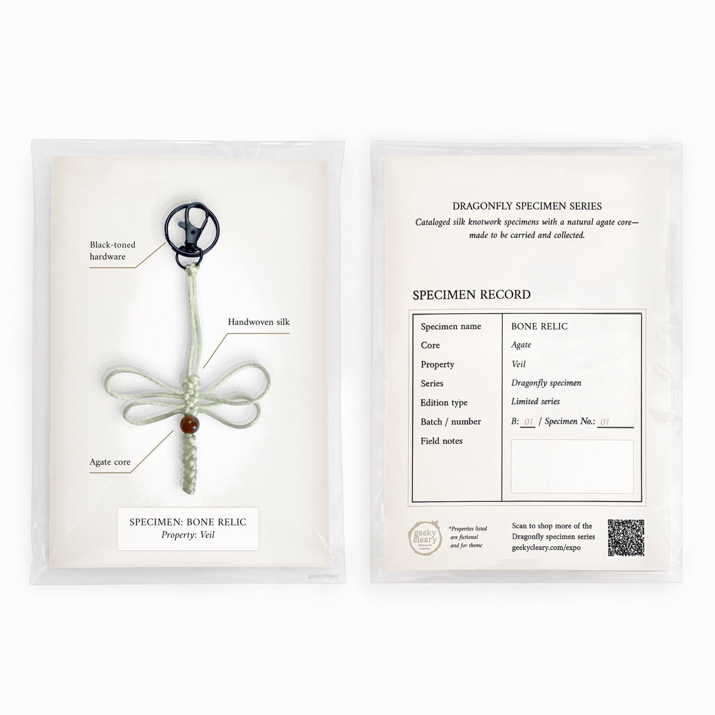 Bone Relic dragonfly keychain handmade with white silk cord in limited specimen series package & a curiosities cabinet vibe.