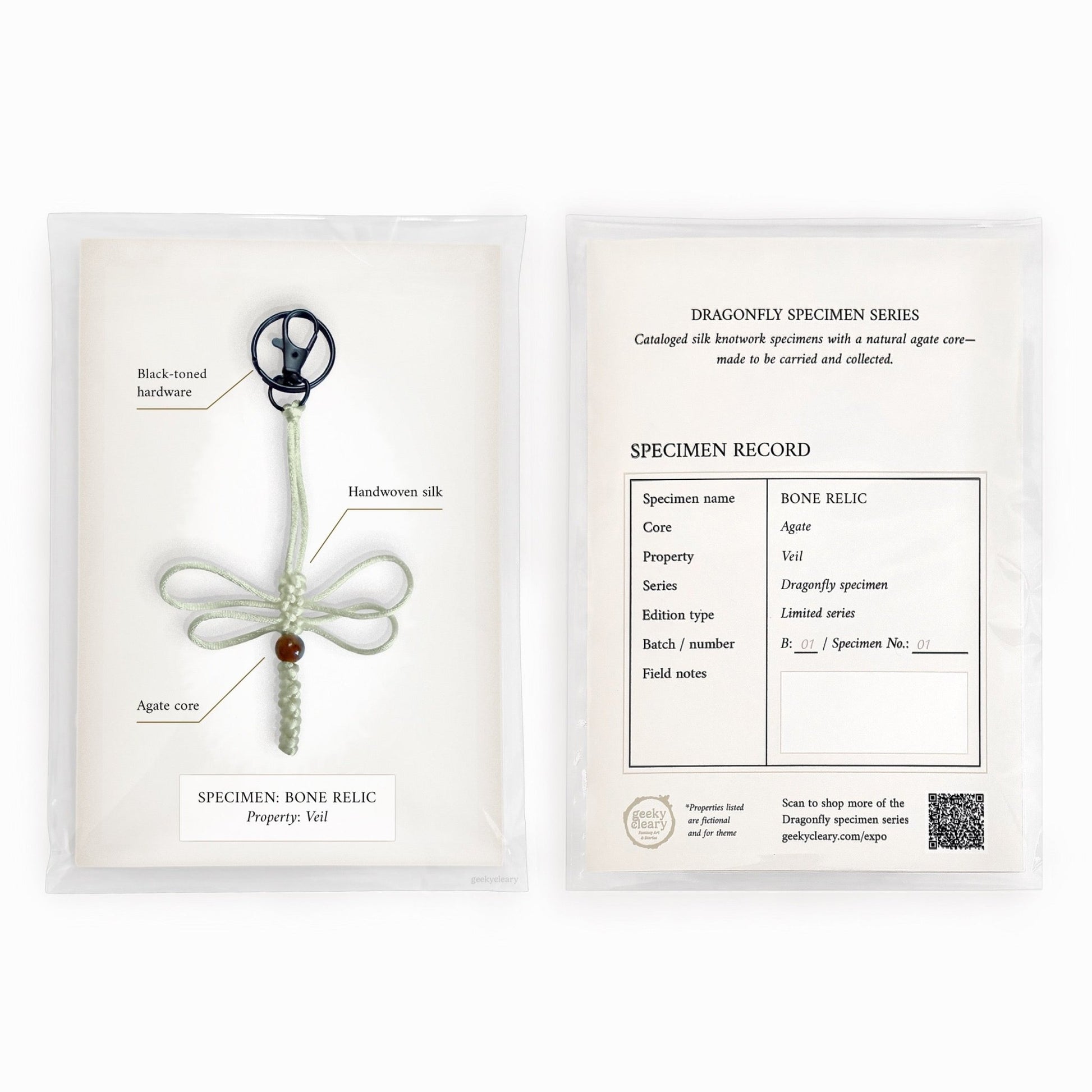 Bone Relic dragonfly keychain handmade with white silk cord in limited specimen series package & a curiosities cabinet vibe.