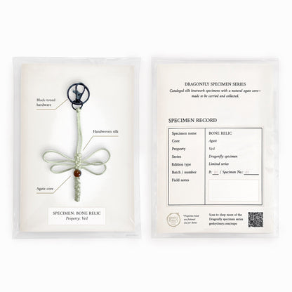 Bone Relic dragonfly keychain handmade with white silk cord in limited specimen series package & a curiosities cabinet vibe.