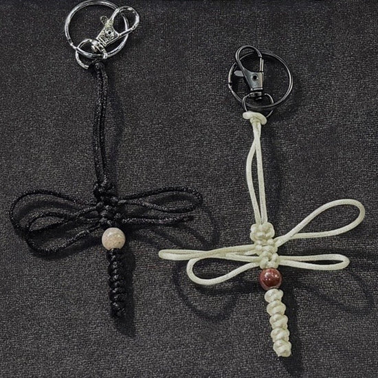 Shadow and Veil dragonfly keychain pair - handwoven with silk cord and a real agate bead made with a durable clip and keyring.