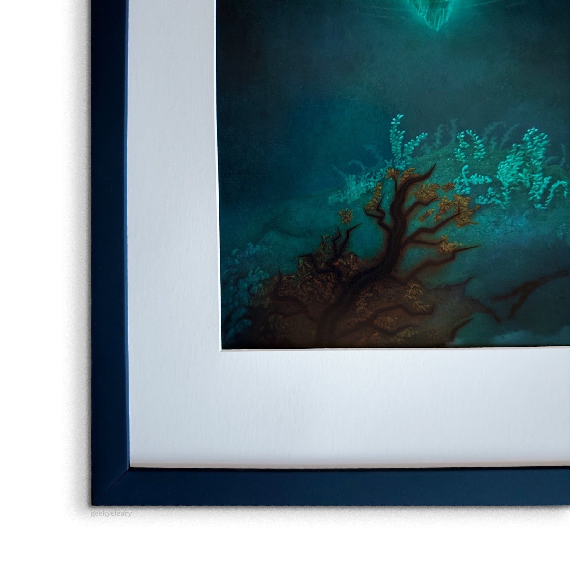 Close-up of Floating Crystalized Magic print showing detailed forest ground and dark atmospheric background.