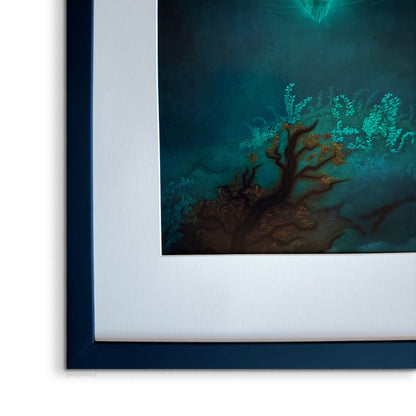 Close-up of Floating Crystalized Magic print showing detailed forest ground and dark atmospheric background.