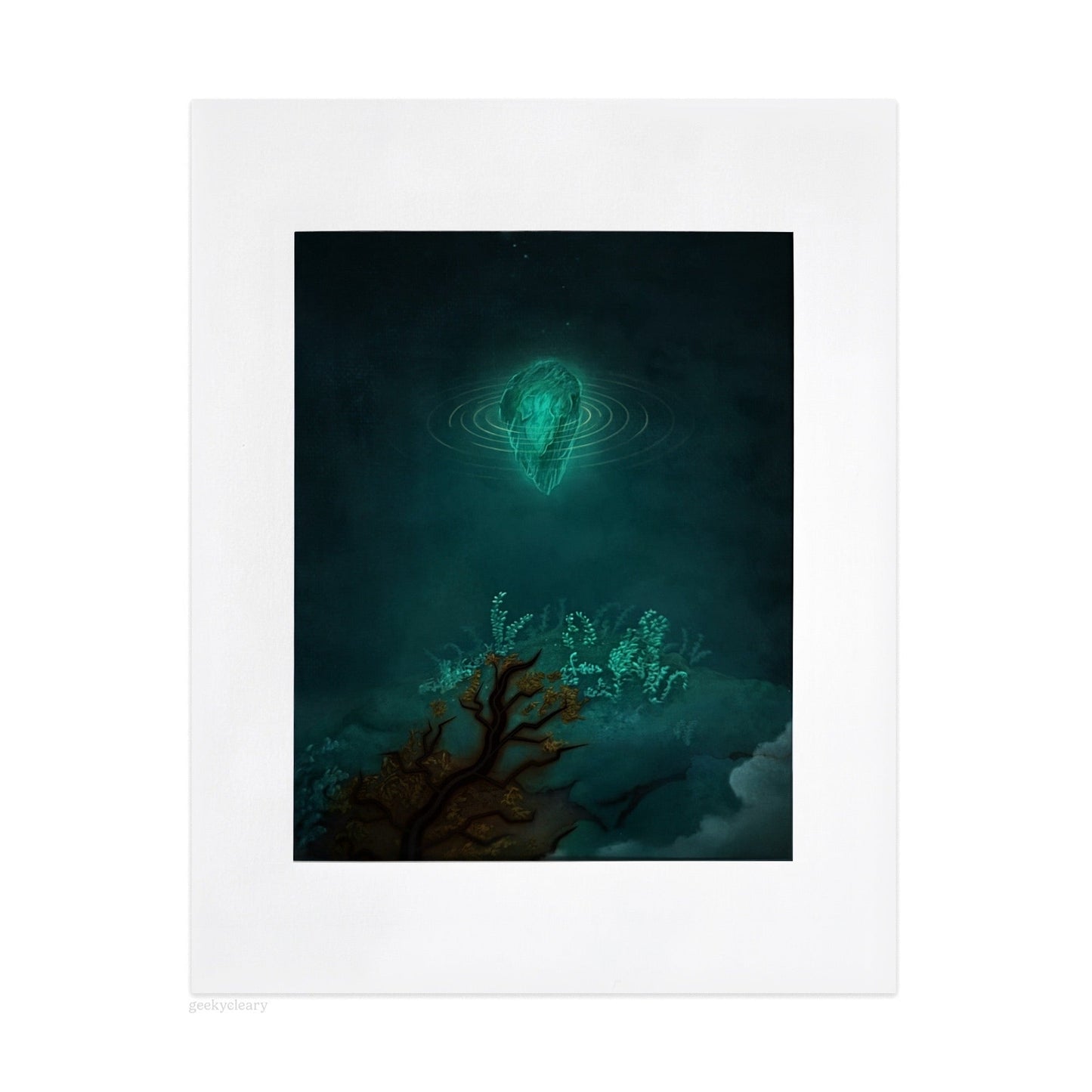 Floating Crystalized Magic fantasy art print, 11x14 paper with 8x10 dark painterly crystal illustration.