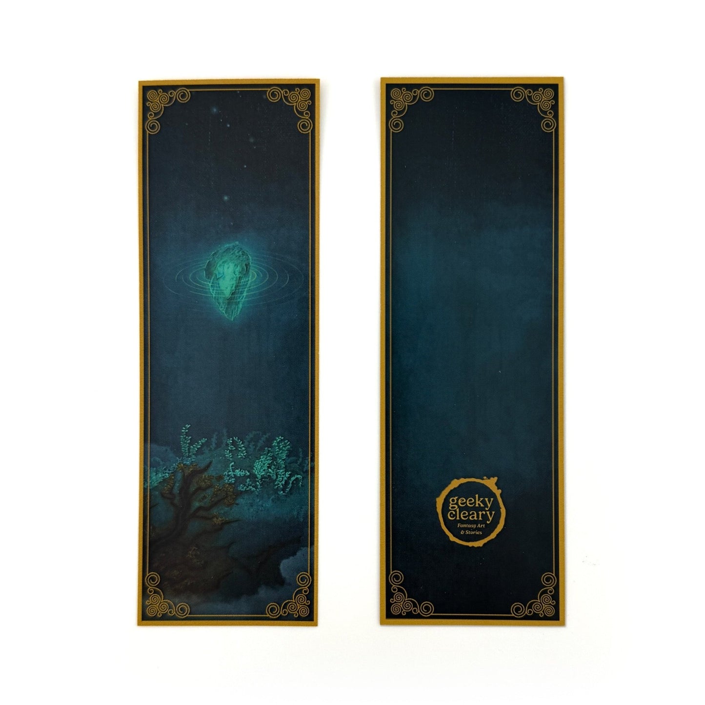 Floating Crystalized Magic fantasy art bookmark, 6x2 inches with ornate filigree border.