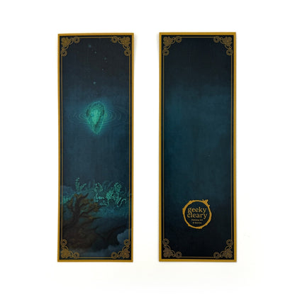 Floating Crystalized Magic fantasy art bookmark, 6x2 inches with ornate filigree border.