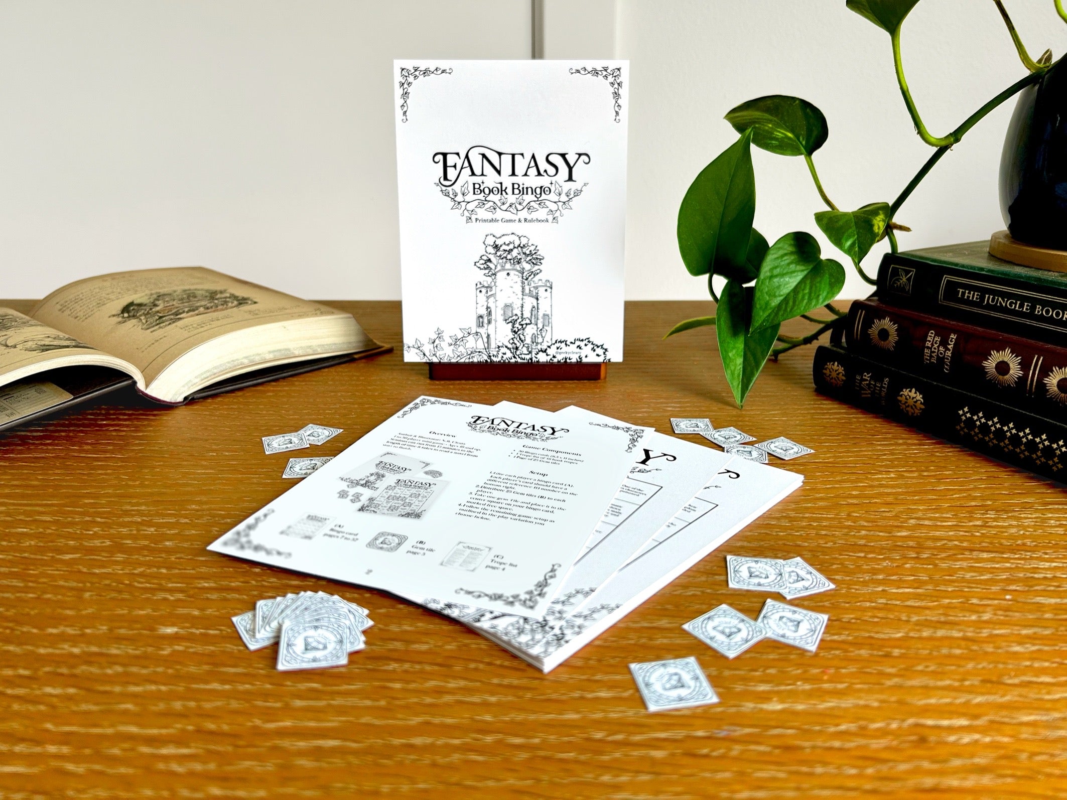 Fantasy Book Bingo and game components on a wooden desk with books and a plant in the background.