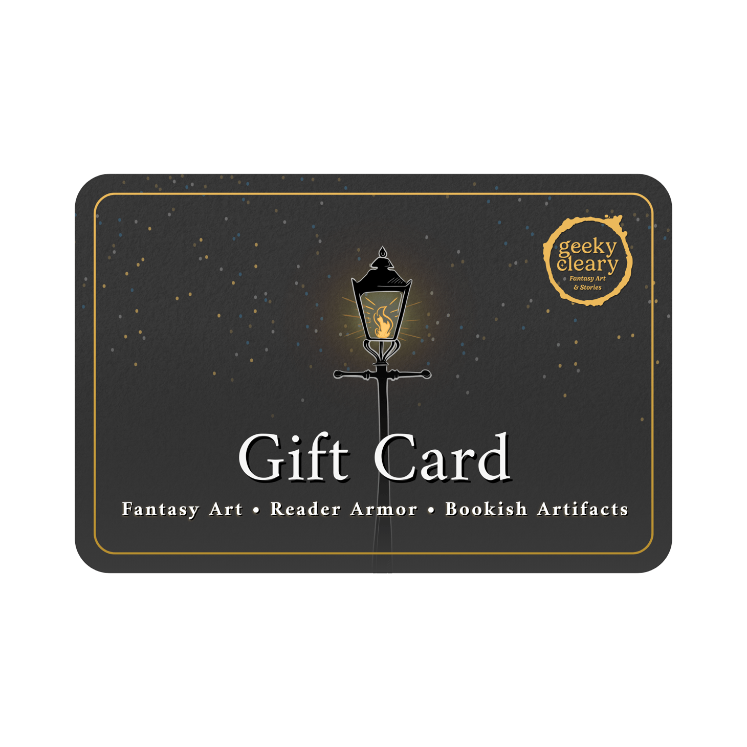 Geekycleary fantasy gift card with glowing lamppost for Romantasy and dark fantasy readers.