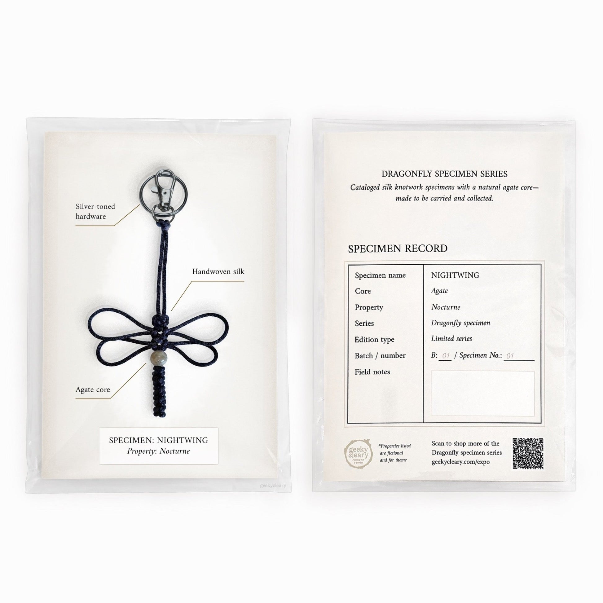 Nightwing dragonfly keychain handmade with black silk cord in limited specimen series packaging & a curiosities cabinet vibe.