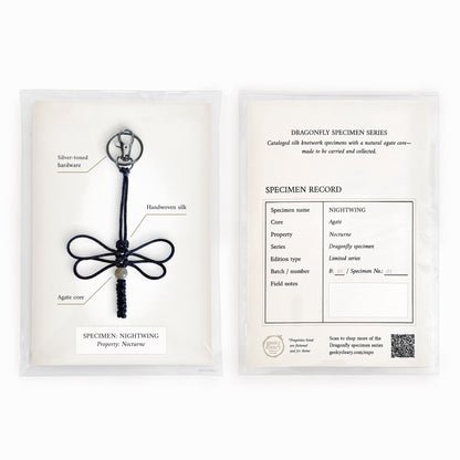 Nightwing dragonfly keychain handmade with black silk cord in limited specimen series packaging & a curiosities cabinet vibe.