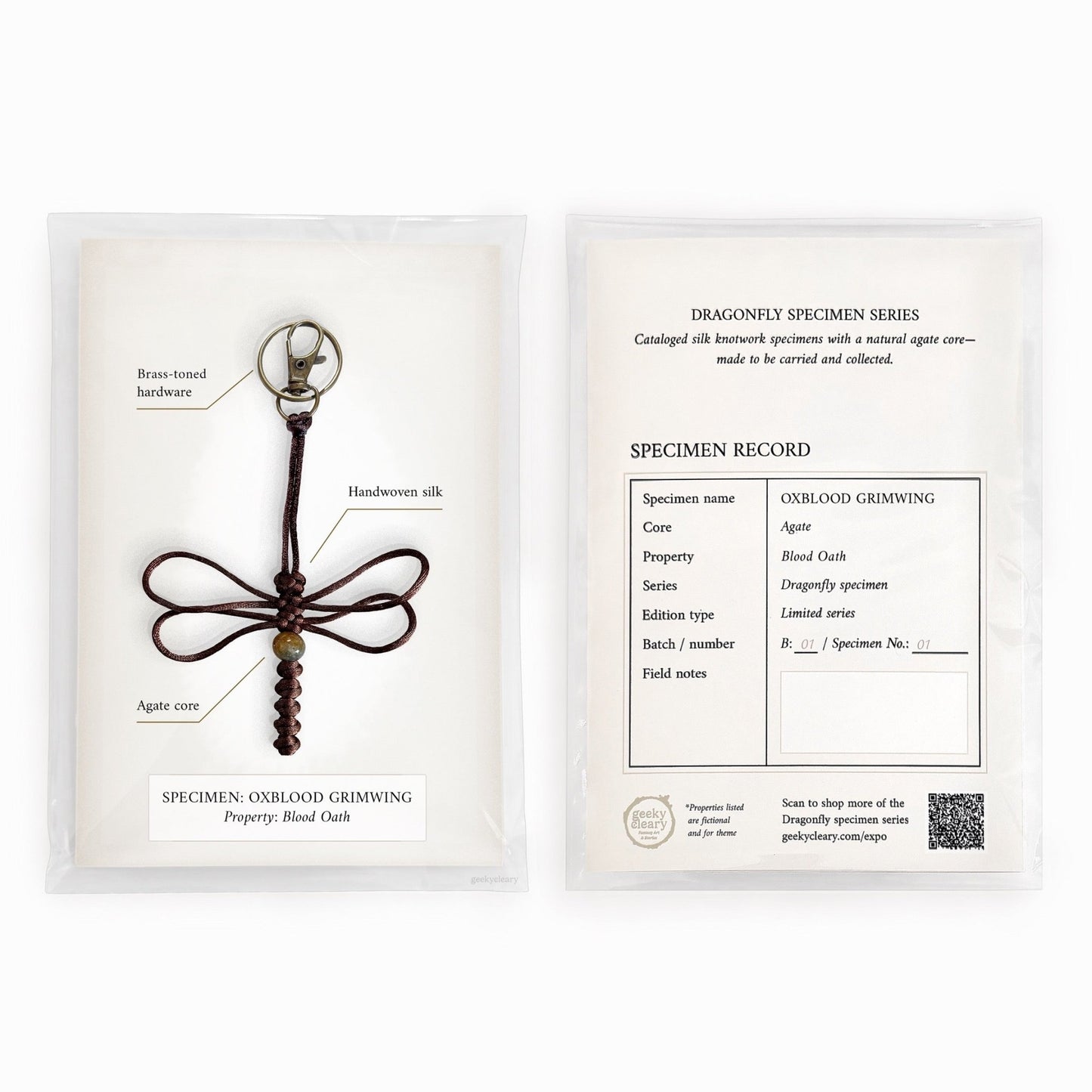Oxblood Grimwing dragonfly keychain handmade with silk cord & limited specimen series package with curiosities cabinet vibe.