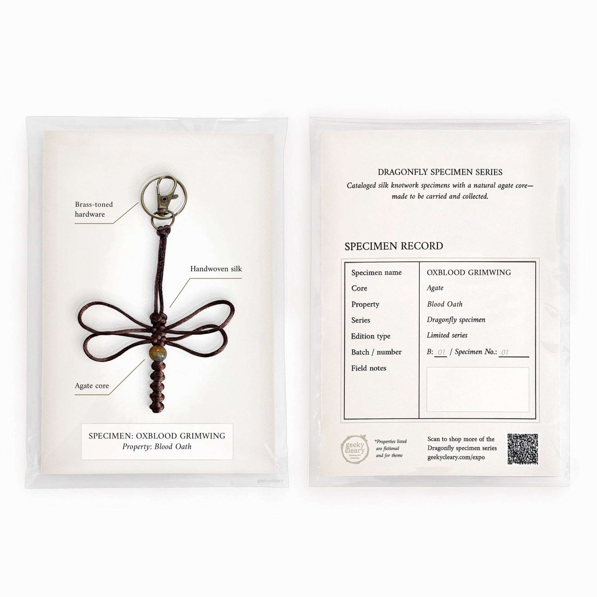 Oxblood Grimwing dragonfly keychain handmade with silk cord & limited specimen series package with curiosities cabinet vibe.