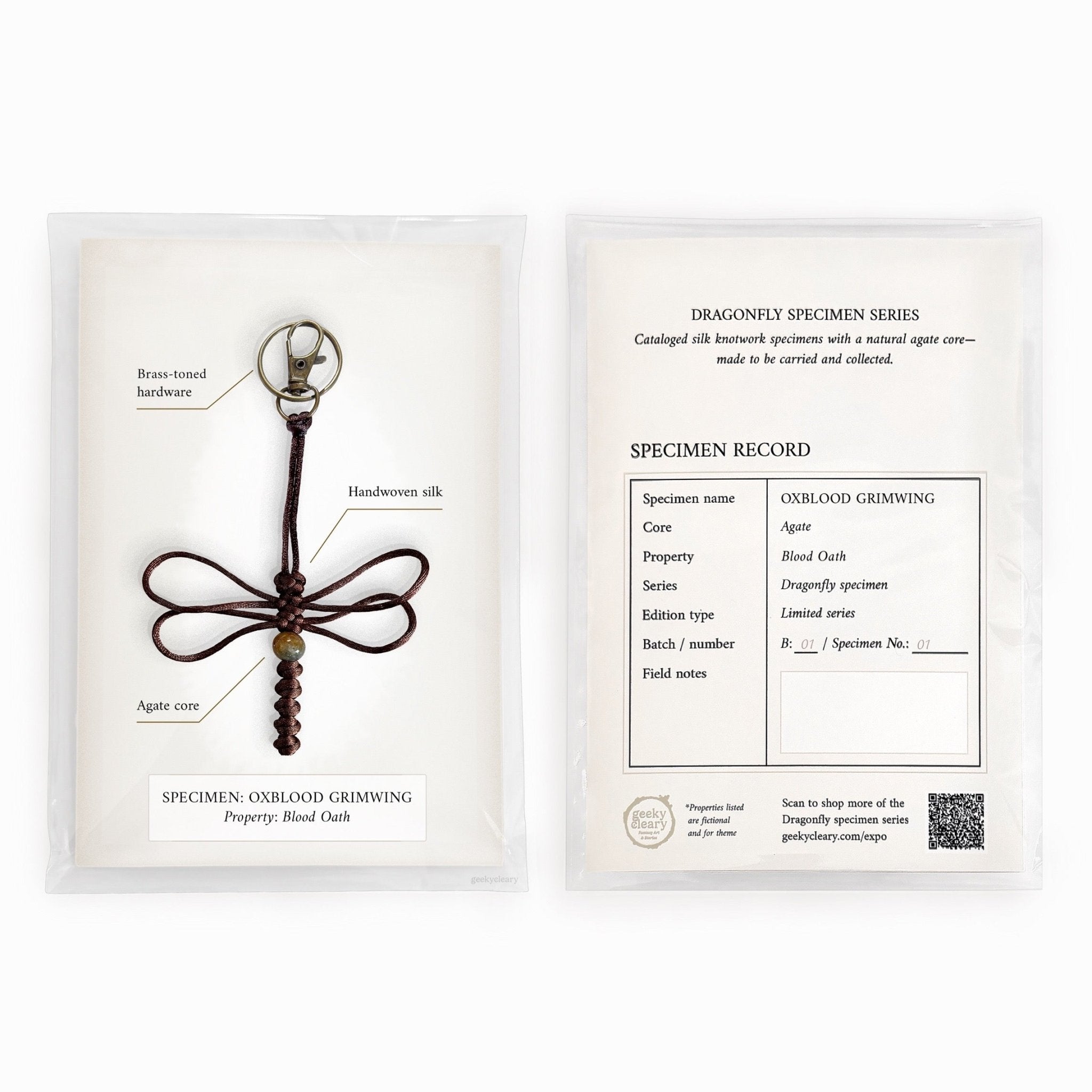 Oxblood Grimwing dragonfly keychain handmade with silk cord & limited specimen series package with curiosities cabinet vibe.